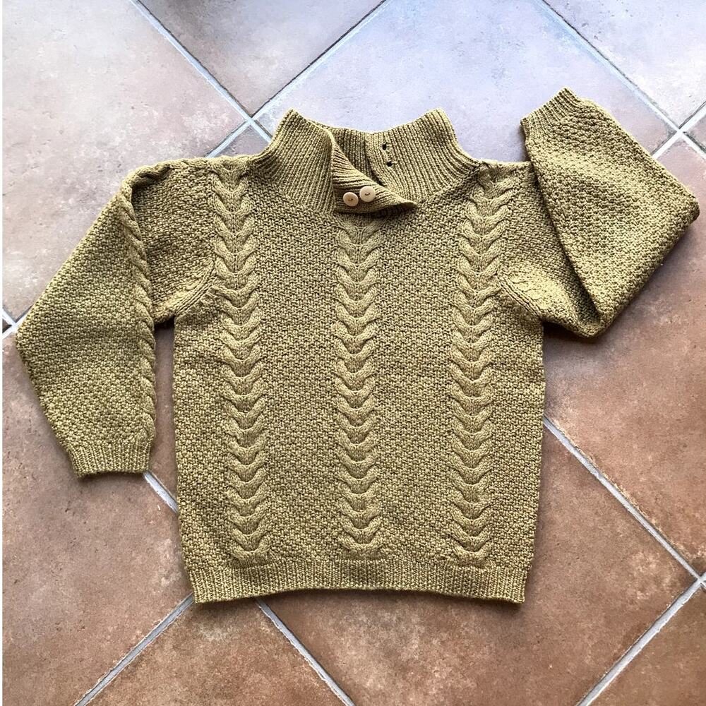 Joseph Vincent Chunky Handknit Gold-Brown Wool Sweater with Button Collar sz L